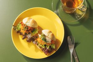 Gluten-free buns with colorful veggie fillings — choose soy meat or tofu to make it fully vegan. Soft, chewy rice flour bread you won't believe is wheat-free. at L for You in Tokyo