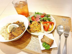 Soy meat curry, Organic Maple tea & Gluten Free Banana pound cake. at L for You in Tokyo