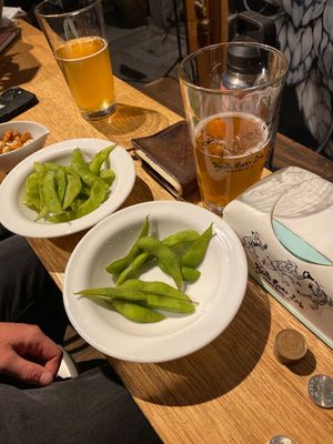 Edamame and beers  at Kyoto Beer Lab in Kyoto