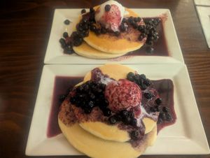 Vegan short stack, blueberries with Vegan Ice Cream. Dee-lish-us!!!🤣 at The Pancake Manor in Brisbane