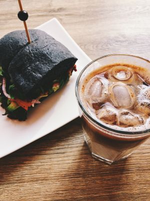 soy latte and a sandwich at Vegano Cafe in Krakow