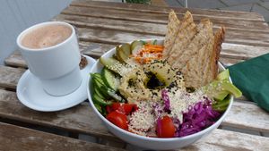 The Izrael salad is amazing. + very good amount 
+ fresh and tasty vegetables
25PLN for the salad (5,60€) at Vegano Cafe in Krakow