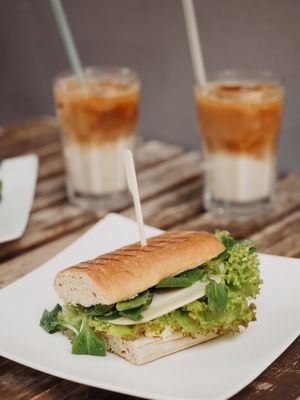 ´´No-egg´´-sandwich and oat iced latte at Vegano Cafe in Krakow