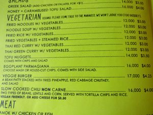 Vegetarian menu at Monkey Republic in Kampot