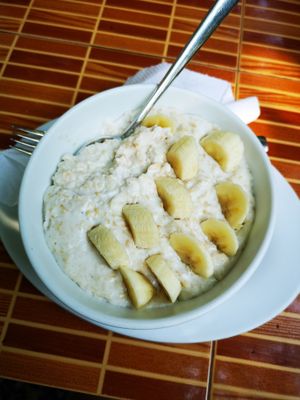 Oatmeal with coconut milk and banana.  at Monkey Republic in Kampot