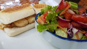 vegan tofu panini 3,50$. more info at www.the-vegan-travelers.com at Monkey Republic in Kampot