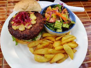 Viegge burger at Monkey Republic in Kampot