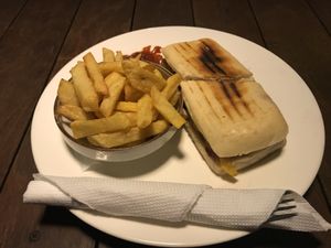 Vegan panini and chips  at Monkey Republic in Kampot