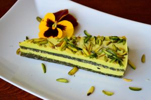 Lemon pistachio raw vegan cake at Pofta de Verde in Constanta