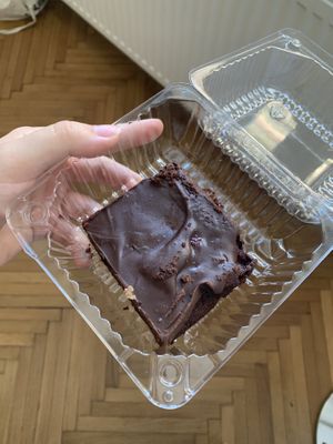 Vegan brownie with raspberries at Hiša Kruha in Maribor