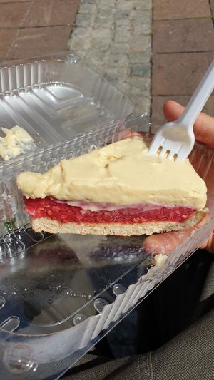 Vanilla raspberry vegan cake at Hiša Kruha in Maribor