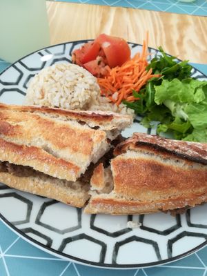 Traditional Portuguese "bifana" here called "seitana" at A Vegana in Portimao