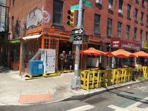 S'Mac, front and side of store, plus view of outdoor seating at S'MAC in New York City