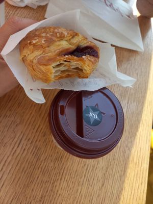 Vegan berey croissant and coffee with oat milk. at LGW - Pret A Manger -  ST in Horley