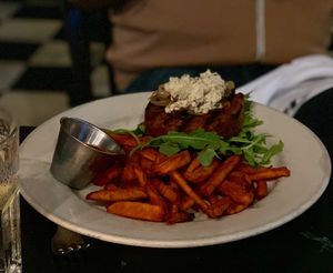 Beyond burger with sweet potato fries  at Diamondback Grill in Winston-salem