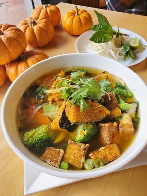 Vegan Pumpkin Pho

Kabocha squash (Japanese pumpkin),brocolli , mushrooms, carrots, tofu, rice noodles, onions, green onion ,cilantro , slow simmered veggie root broth. at Dundas in Vancouver