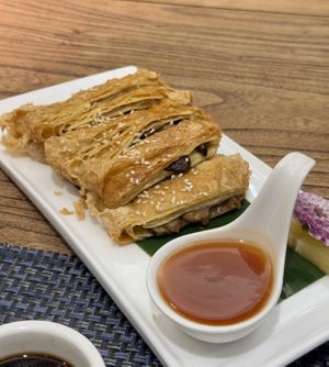Fried tofu skin with mushrooms   at Jiayuan 家源 in Guangzhou