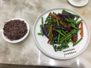 Eggplant with beans and purple something (they mean peppers) at Jiayuan 家源 in Guangzhou
