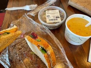Vegan turkey sandwich, curry soup, and soba noodles  at Nori's Village Market in Saranac Lake