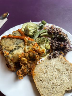 Vegan buffet: lasagna, veggies, salads etc...  at Hermans in Stockholm