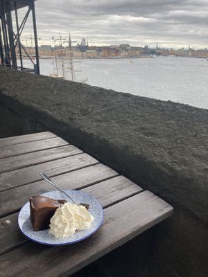 sweet potato belgian chocolate cake with oat whipped cream  at Hermans in Stockholm