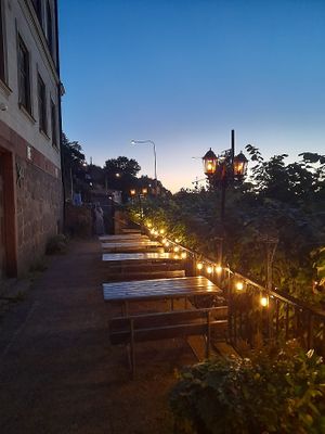 Outdoors at night at Hermans in Stockholm