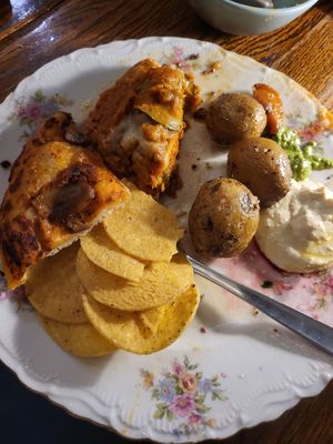 lasagne, pizza, potato, hummus, crisps etc at Hermans in Stockholm