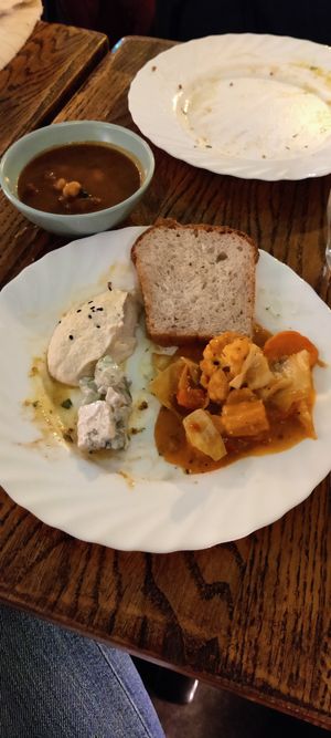 Some bread+hummus and a broccoli soup at Hermans in Stockholm