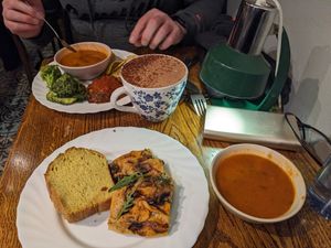 Tomato soup, bread and pizza! at Hermans in Stockholm
