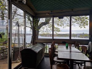 Inside the restaurant with a beautiful view over Stockholm. at Hermans in Stockholm