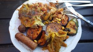 Lasagne and BBQ grilled vegetables at Hermans in Stockholm