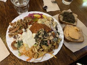 Buffet, bread, vegan butter, olive tapenade  at Hermans in Stockholm