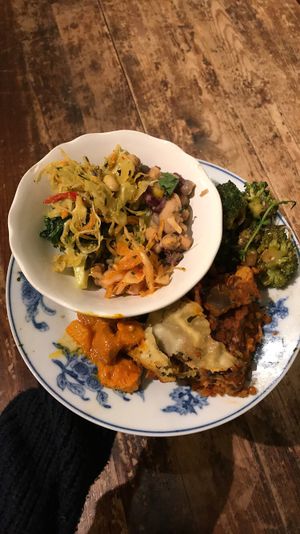 Lentil lasagne and salad  at Hermans in Stockholm