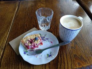 Cardamon coffee and raspberry rhubarb pie at Hermans in Stockholm