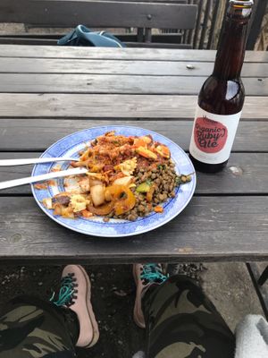 Buffet dish, non-alcoholic house beer and outdoor sitting  at Hermans in Stockholm