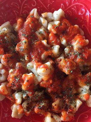 Classic manti/ Turkish ravioli in tomato sauce.  at Bitkisel Mutfak in Urla