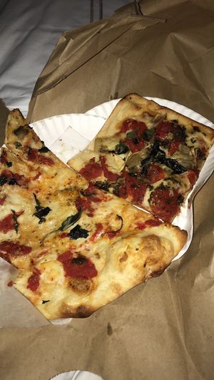Vegan Margherita & Vegan grandma with tomato, mushroomd and onions at NY Pizza Suprema in New York City