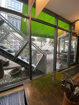 View through the huge windows  at Good Morning Vietnam Vegan in Berlin