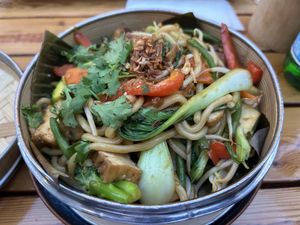 Steamed udon with mock duck , tofu and veggies.  at Good Morning Vietnam Vegan in Berlin