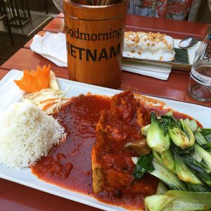 Stuffed tofu and banana sticky rice dessert  at Good Morning Vietnam Vegan in Berlin