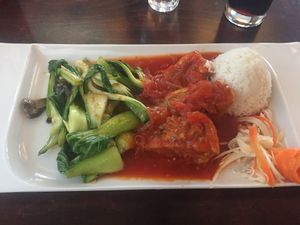 Filled tofu with tomato sauce and steamed veggies: loved it. at Good Morning Vietnam Vegan in Berlin