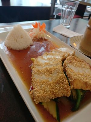 Sesame tofu in teriyaki sauce with tiny dome of rice. at Good Morning Vietnam Vegan in Berlin