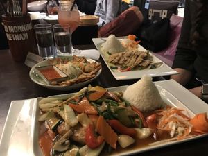 Gyoza from weekly menu, duck curry and stuffed tofu with vegetables! at Good Morning Vietnam Vegan in Berlin