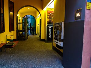 Outdoor hallway to courtyard where Good Morning Vietnam Vegan is. at Good Morning Vietnam Vegan in Berlin