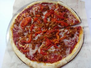 Vegan cheese and vegan chorizo at IAH - Blaze Pizza - TA in Houston