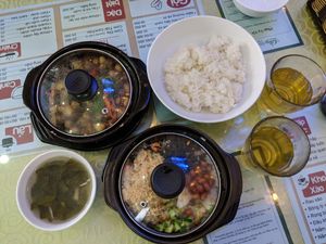 Rice dish, mushroom dish, and steamed rice at An Lac Tam in Da Nang