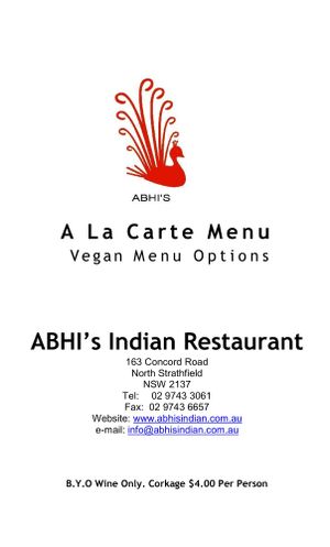Menu, page 1 at Abhi's Indian Restaurant in North Strathfield