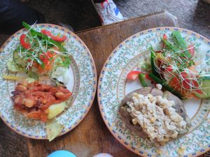 way too real "tuna" jacket potato and chilli jacket potato, both great at Okomoko in Farnham