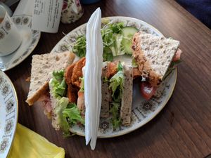 SLT sandwich on seeded bread at Okomoko in Farnham