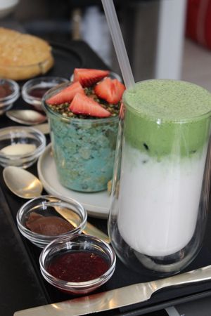 Matcha Latte and Blue Matcha Overnight Oats at Matcha Bar - Helgolandsgade in Copenhagen
